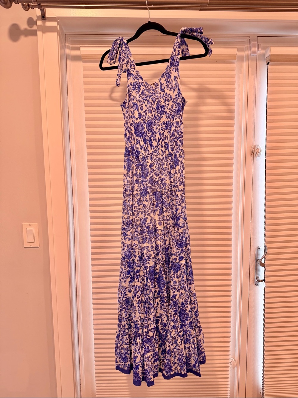 Free People Blue and White Floral Tie-Shoulder Maxi Dress